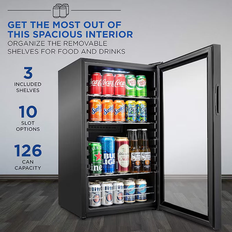18.7-In W 126 -Can Capacity Black Freestanding Indoor Beverage Refrigerator with Glass Door