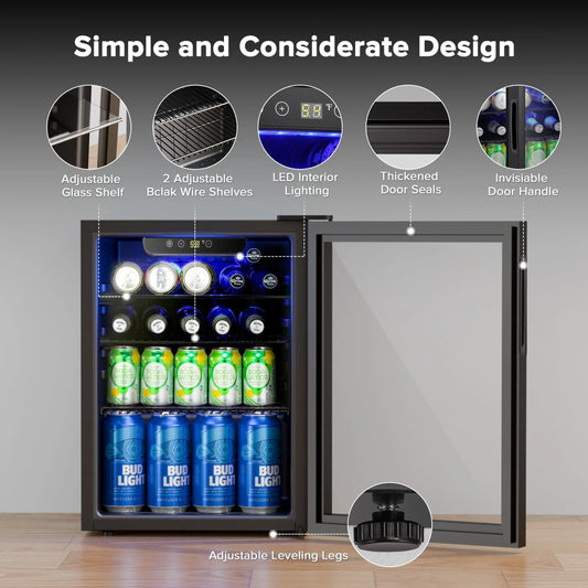 100-Can Double Glass Door Beverage Refrigerator - Energy Efficient Mini Wine Cooler for Home, Office & Bar - Air Cooled & Frost Free