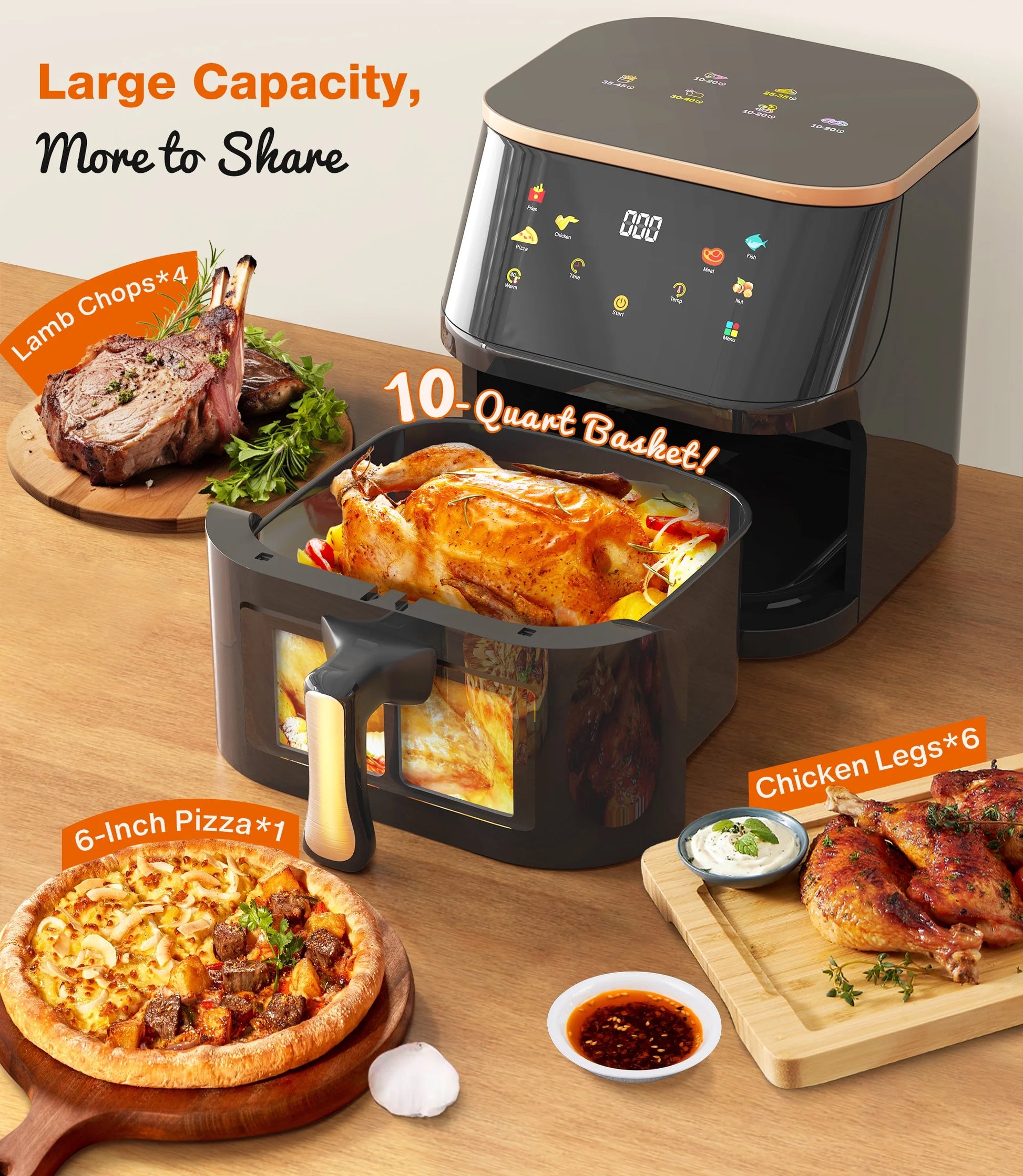 10 Qt Air Fryer - Max 450°F, 6 Cooking Presets, Touch Panel & Easy View Window - Sleek Black Design