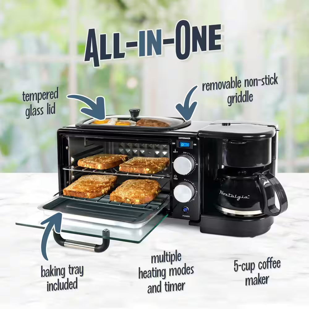Retro 600 W 3-In-1 Toaster Oven Breakfast Station-Black