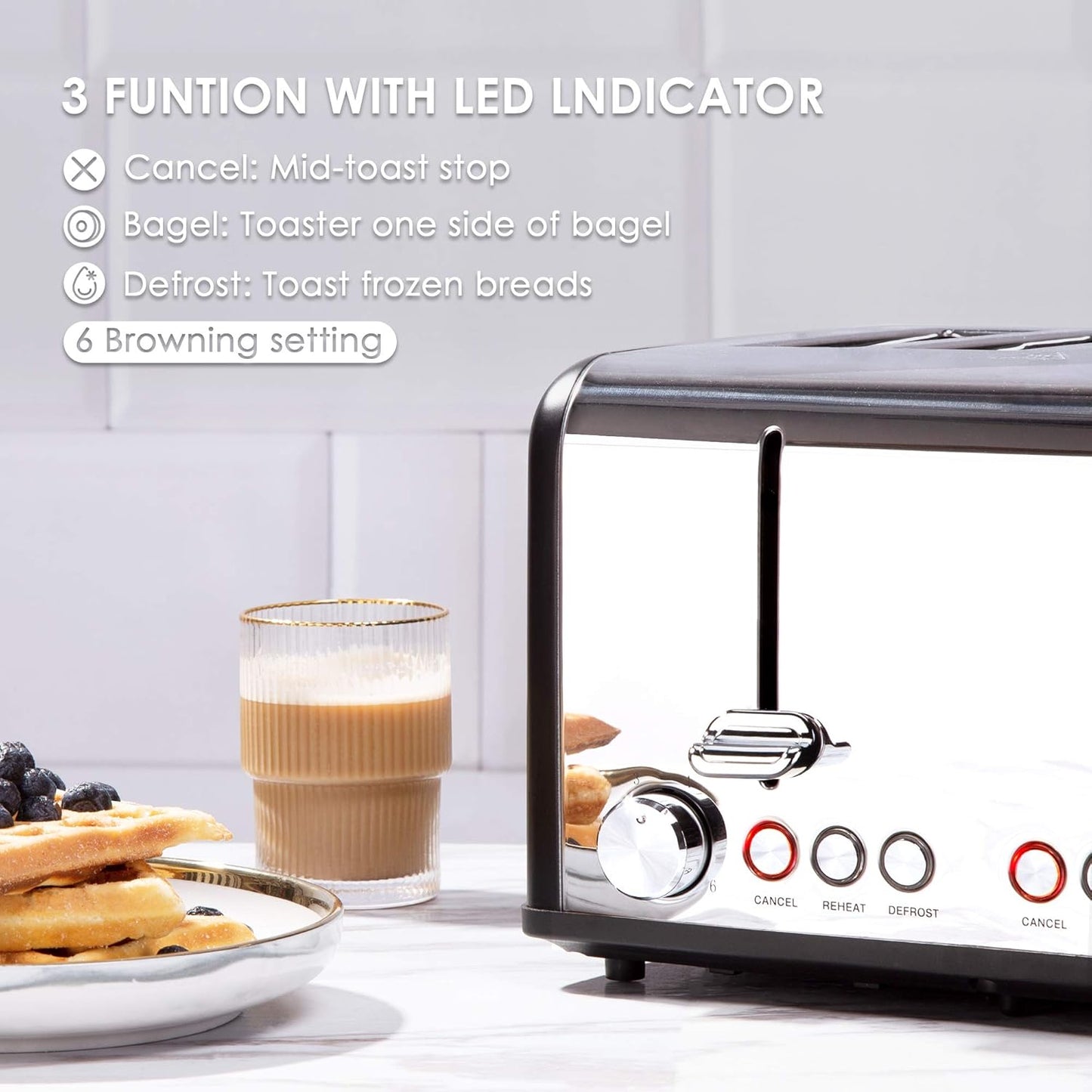 4-Slice Stainless Steel Toaster - Extra Wide Slots, 6 Shade Settings, Bagel & Defrost Functions, 1650W, Sleek Black Design