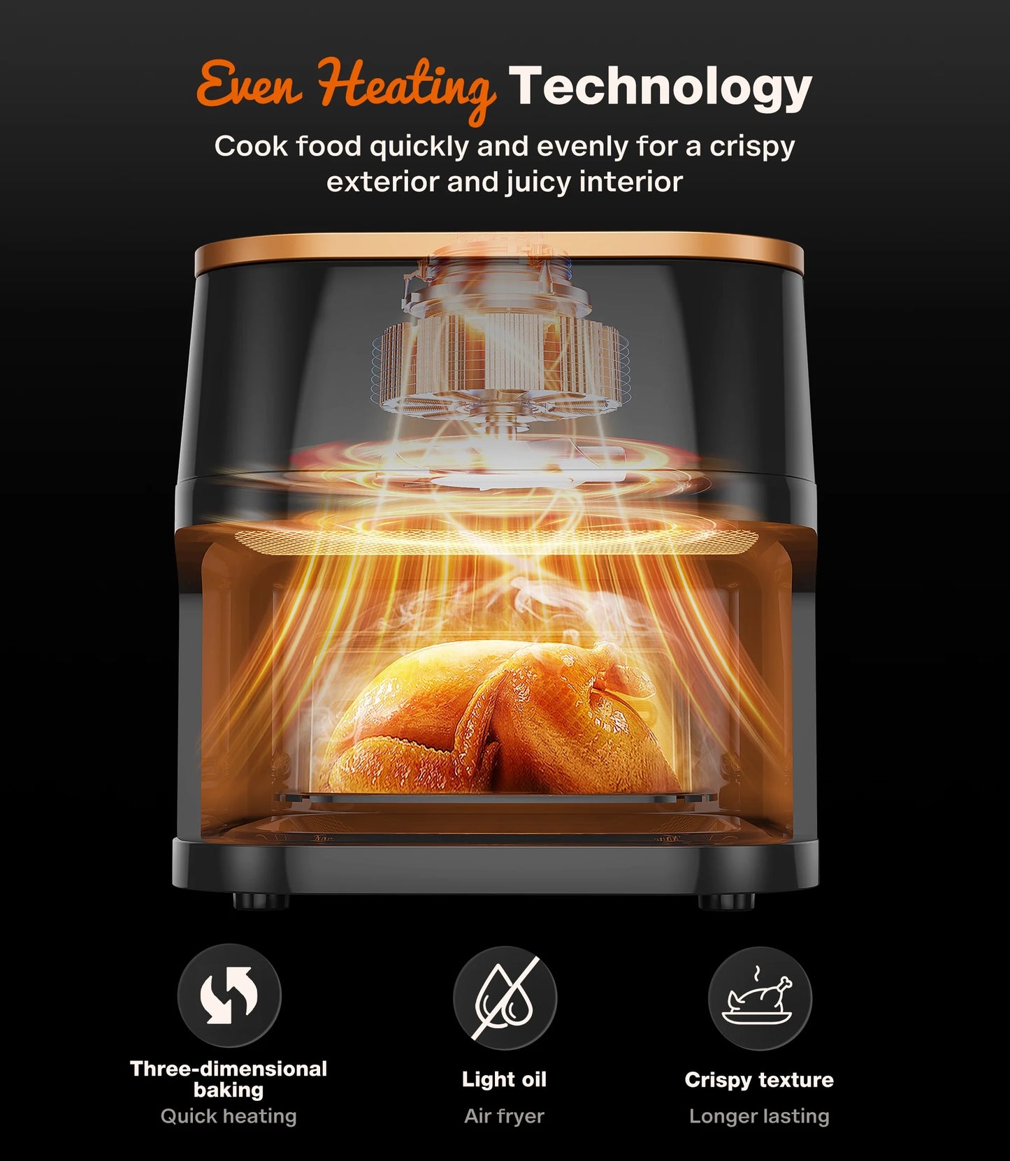 10 Qt Air Fryer - Max 450°F, 6 Cooking Presets, Touch Panel & Easy View Window - Sleek Black Design