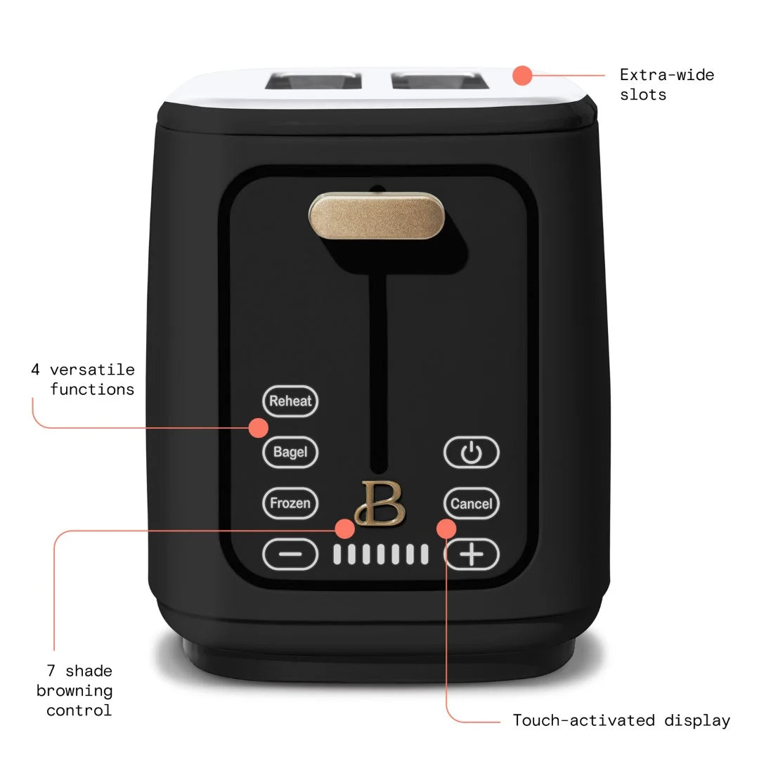 Sleek Black Sesame 2-Slice Toaster with Touch-Activated Display by Drew Barrymore