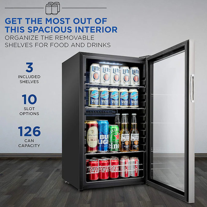 18.7-In W 126 -Can Capacity Stainless Steel Freestanding Indoor Beverage Refrigerator with Glass Door