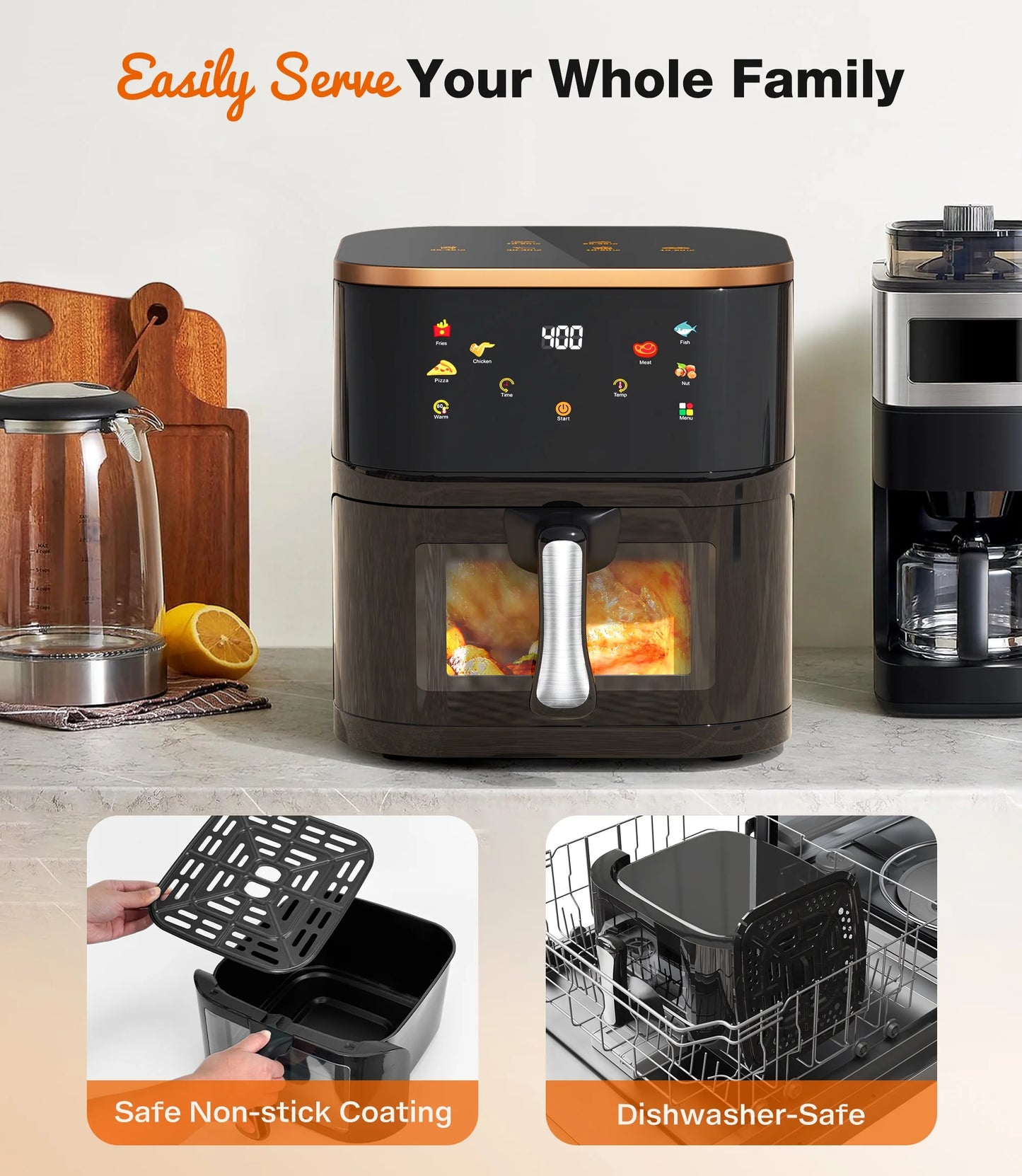 10 Qt Air Fryer - Max 450°F, 6 Cooking Presets, Touch Panel & Easy View Window - Sleek Black Design