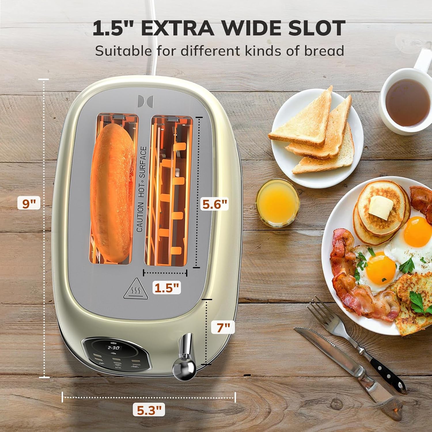 Retro Smart Touch Screen Toaster - 2 Slice Stainless Steel with 6 Browning Levels, Reheat & Defrost, Perfect for Bagels and Bread, Easy Clean Removable Crumb Tray - Beige