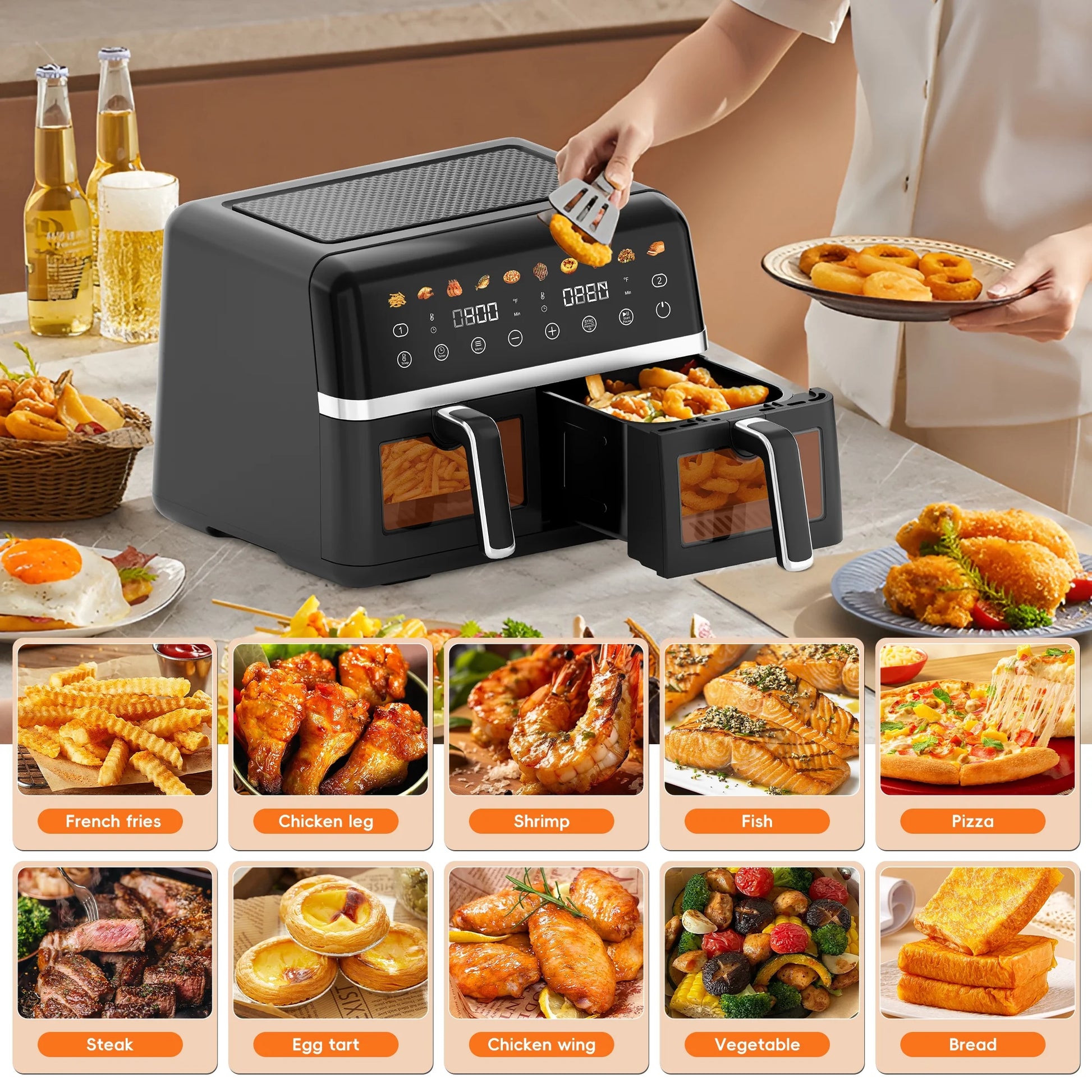 Dual Basket Digital Air Fryer Oven with View Windows, 2 Independent 5 Qt Baskets, 1800W, New