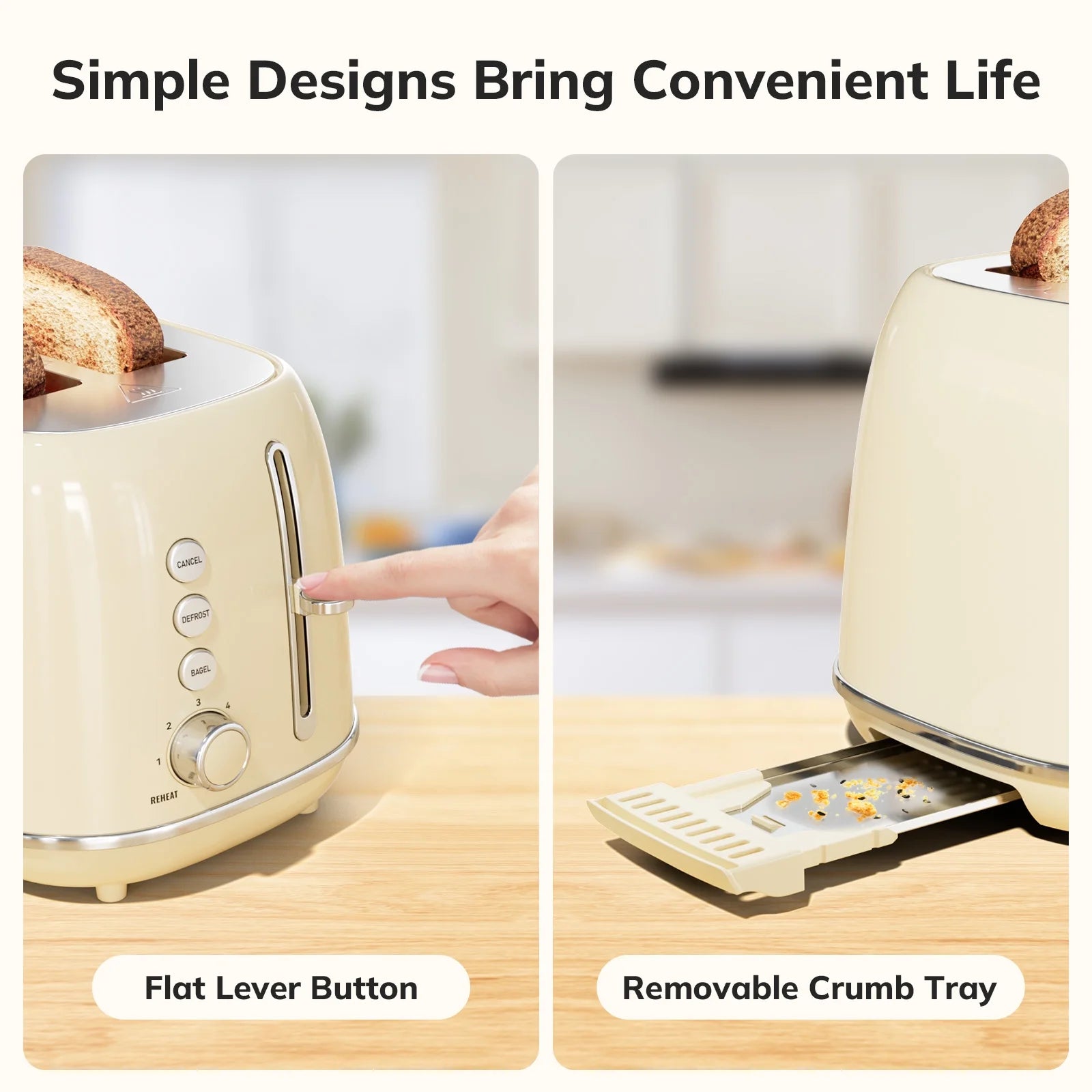 Retro 2 Slice Stainless Steel Toaster for Bread Toast, Revolution Wide Slots, Beige