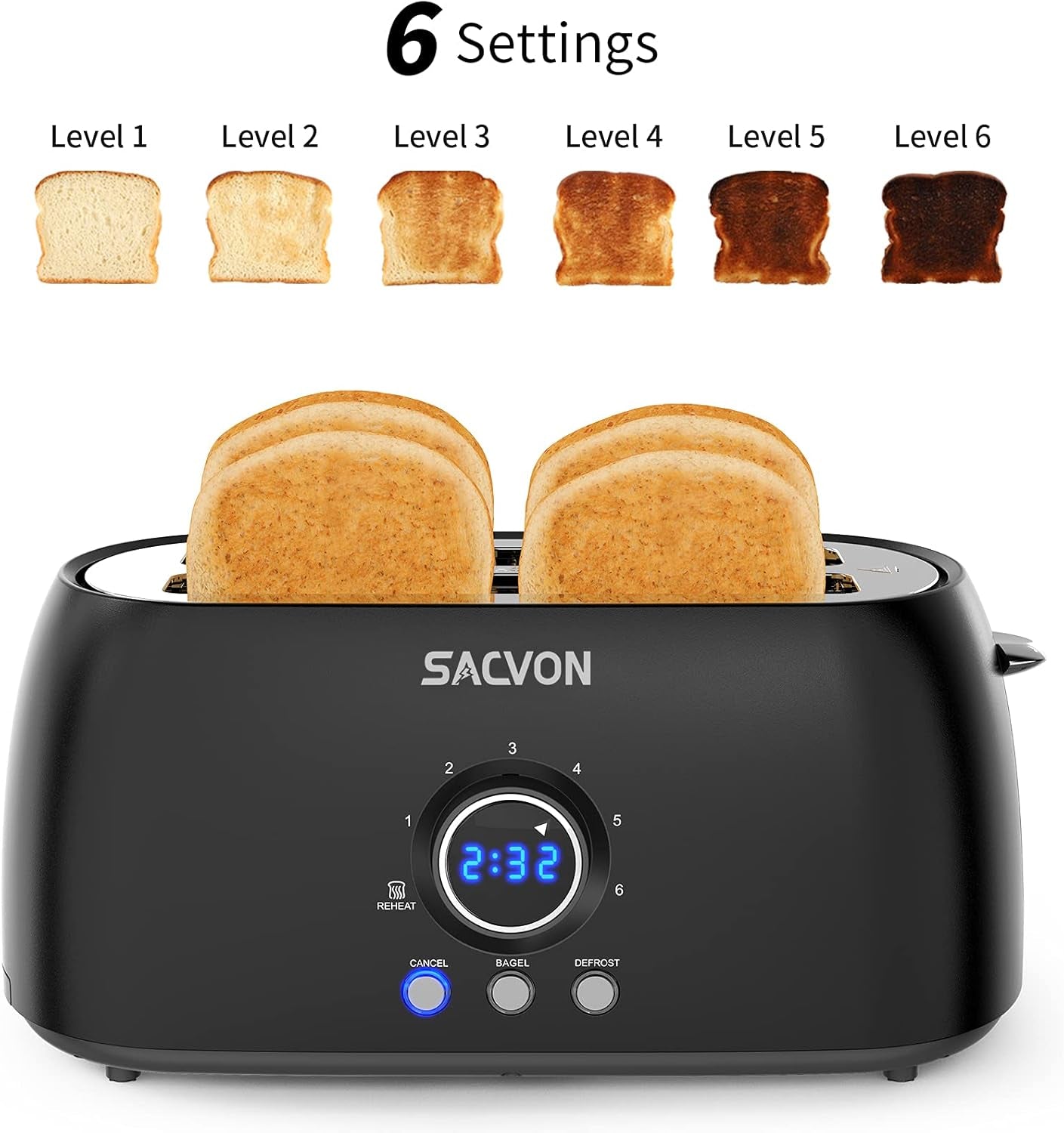 Toaster 4 Slice, Toaster 2 Long Slot,  Retro Black Toasters,Stainless Steel Toaster, Digital Timer,Bagel,Defrost,Reheat,Cancel Function,Removable Crumbs Tray, 6 Shade Settings, 1300W