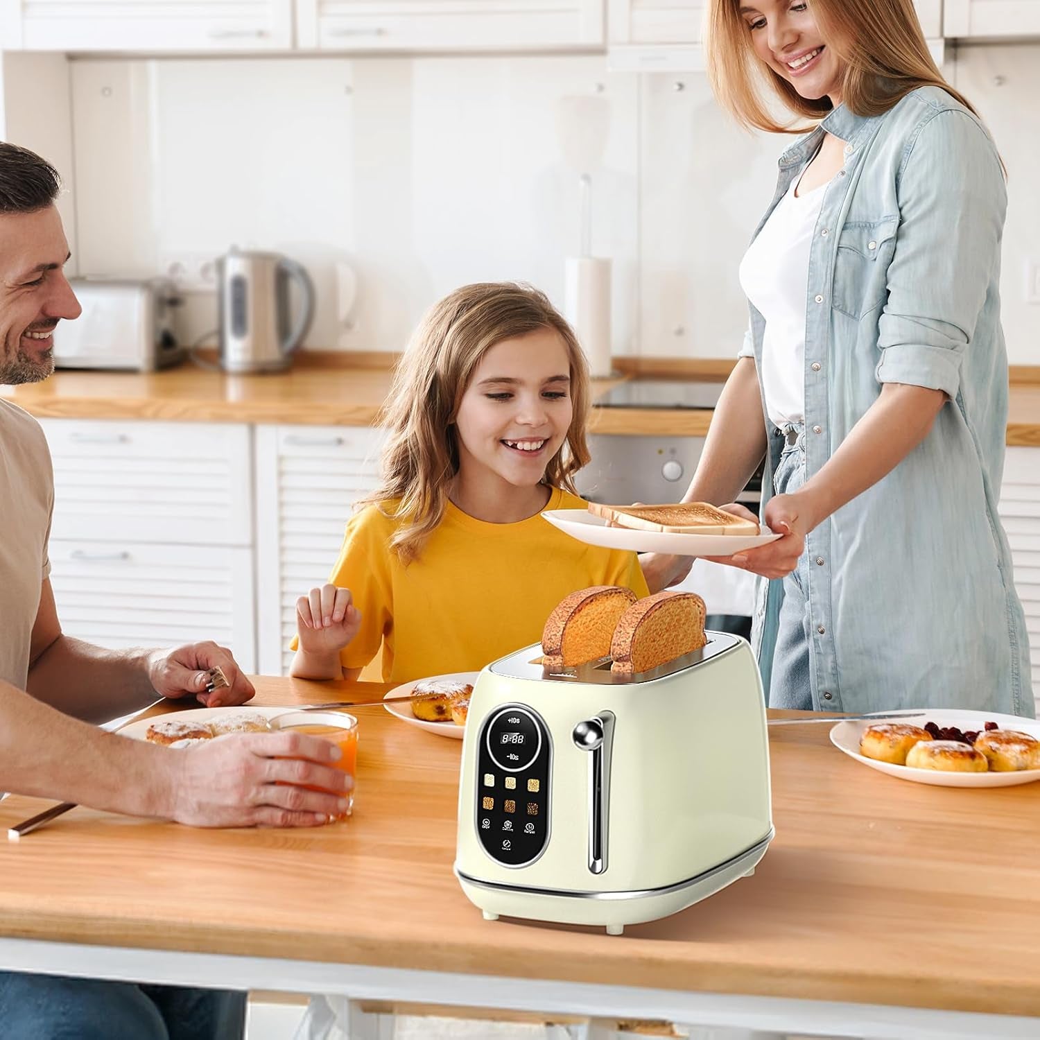 Retro Smart Touch Screen Toaster - 2 Slice Stainless Steel with 6 Browning Levels, Reheat & Defrost, Perfect for Bagels and Bread, Easy Clean Removable Crumb Tray - Beige