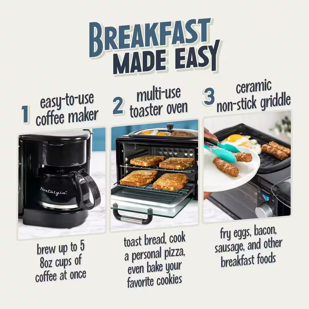 Retro 600 W 3-In-1 Toaster Oven Breakfast Station-Black