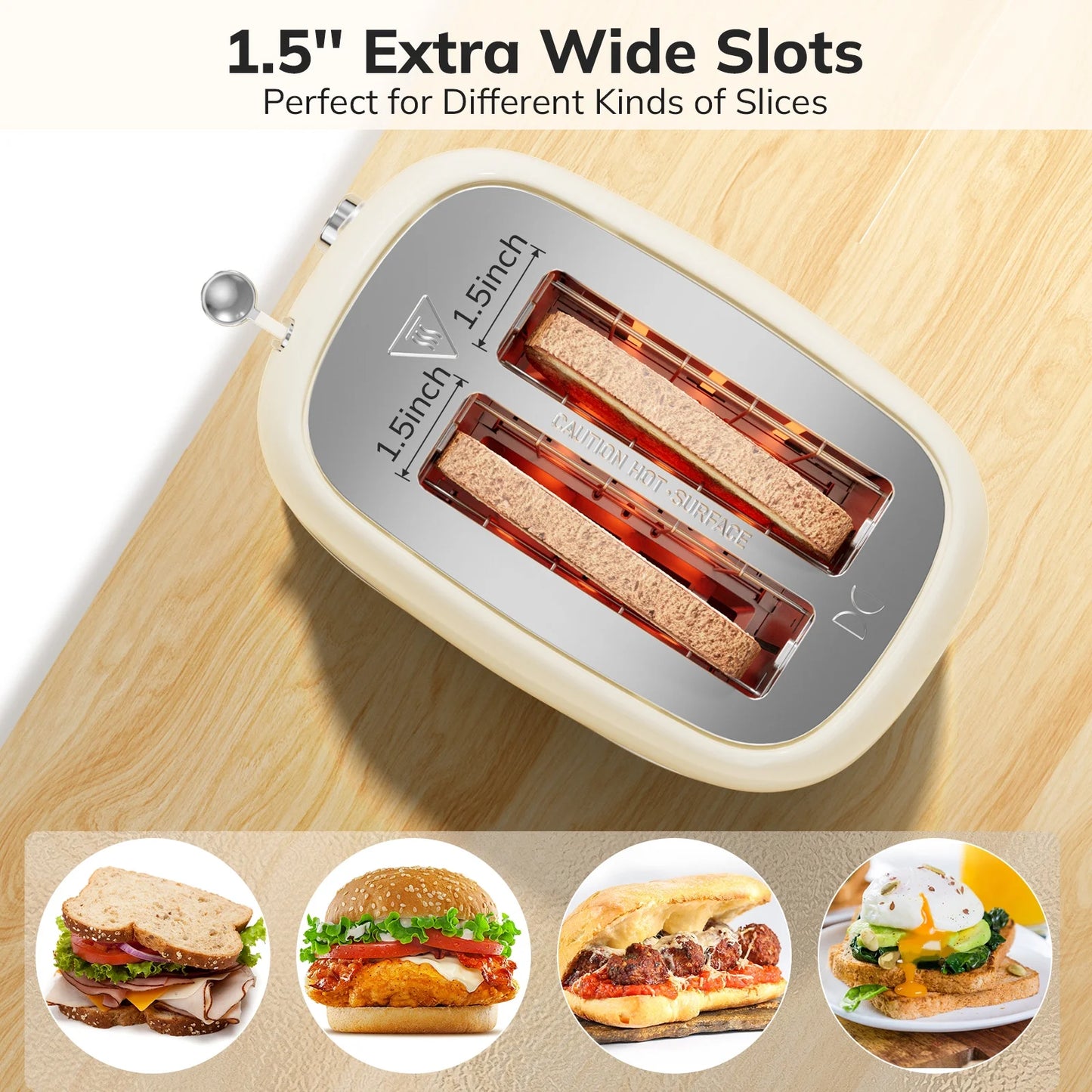 Retro 2 Slice Stainless Steel Toaster for Bread Toast, Revolution Wide Slots, Beige
