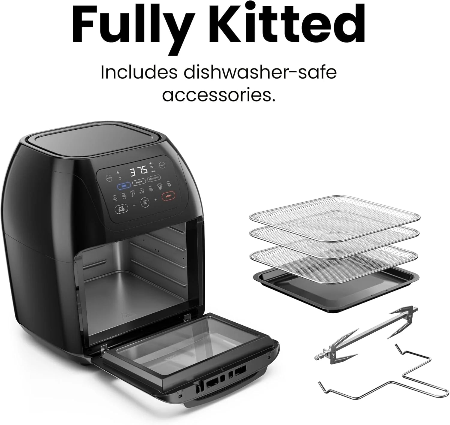 Multifunctional Digital 10 Qt. Air Fryer+ Rotisserie, Fry, Roast & Bake, 17 Presets - Black