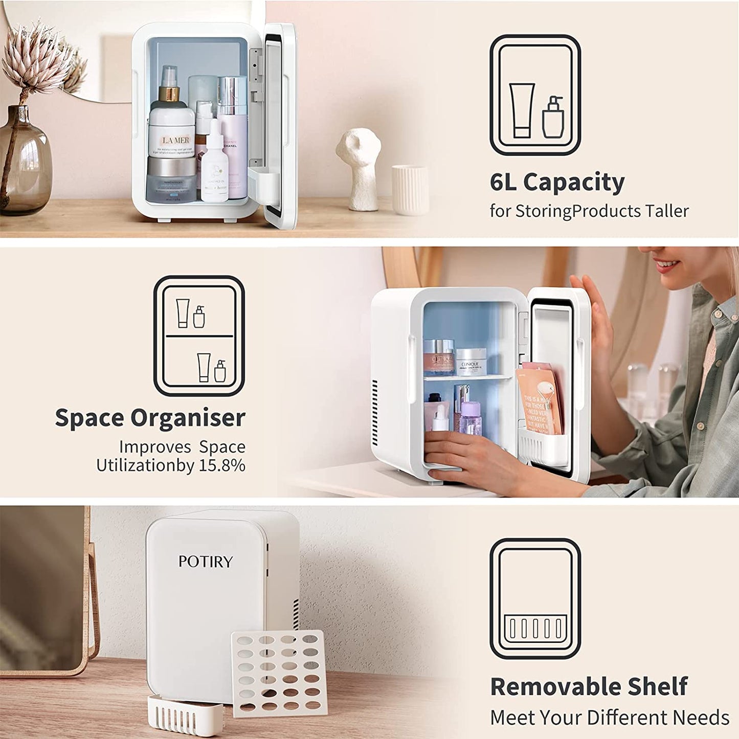 Mini Fridge, 6 Liter AC/DC Portable Thermoelectric Cooler and Warmer Mini Fridge for Bedroom Car Home Travel Mini Refrigerator for Skin Care Foods Medications