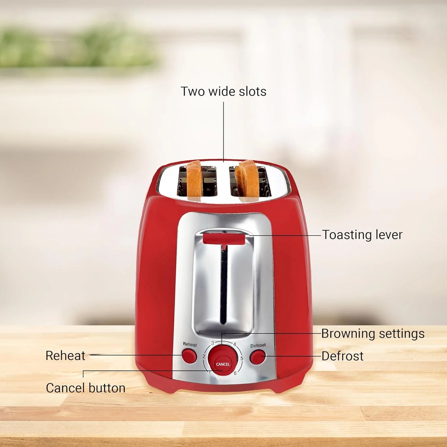 2-Slice Toaster with Wide Slots, 6 Browning Settings, and Crumb Tray, Red
