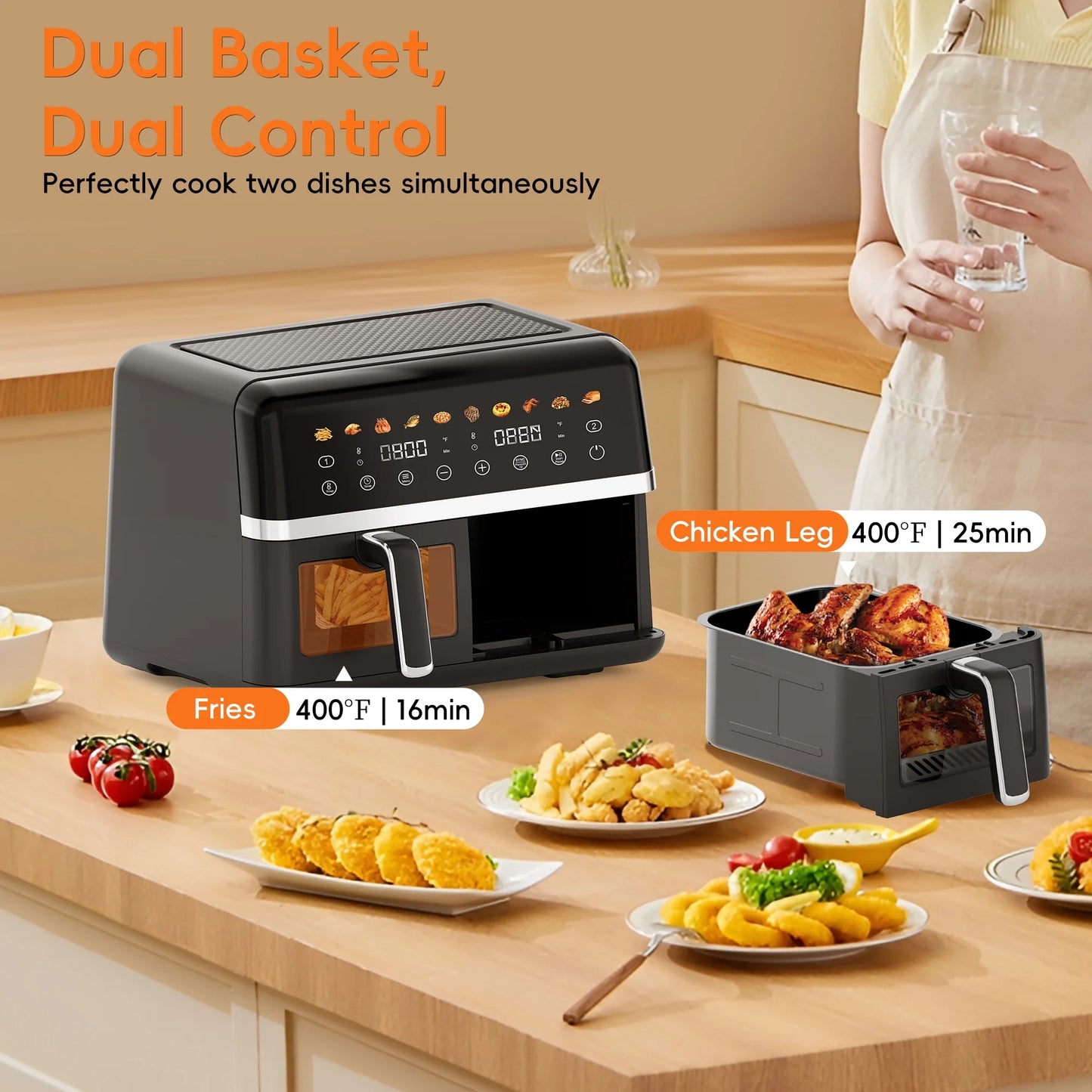 Dual Basket Digital Air Fryer Oven with View Windows, 2 Independent 5 Qt Baskets, 1800W, New