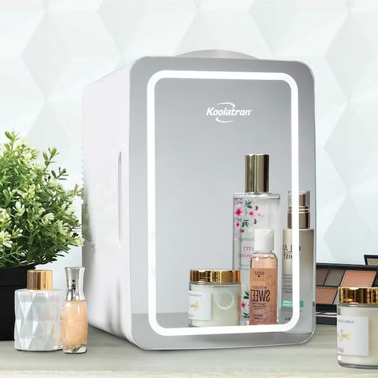 6L Cosmetics Fridge W/ Lighted Makeup Mirror 0.21-Cu Ft Mini Fridge ( White, Silver )
