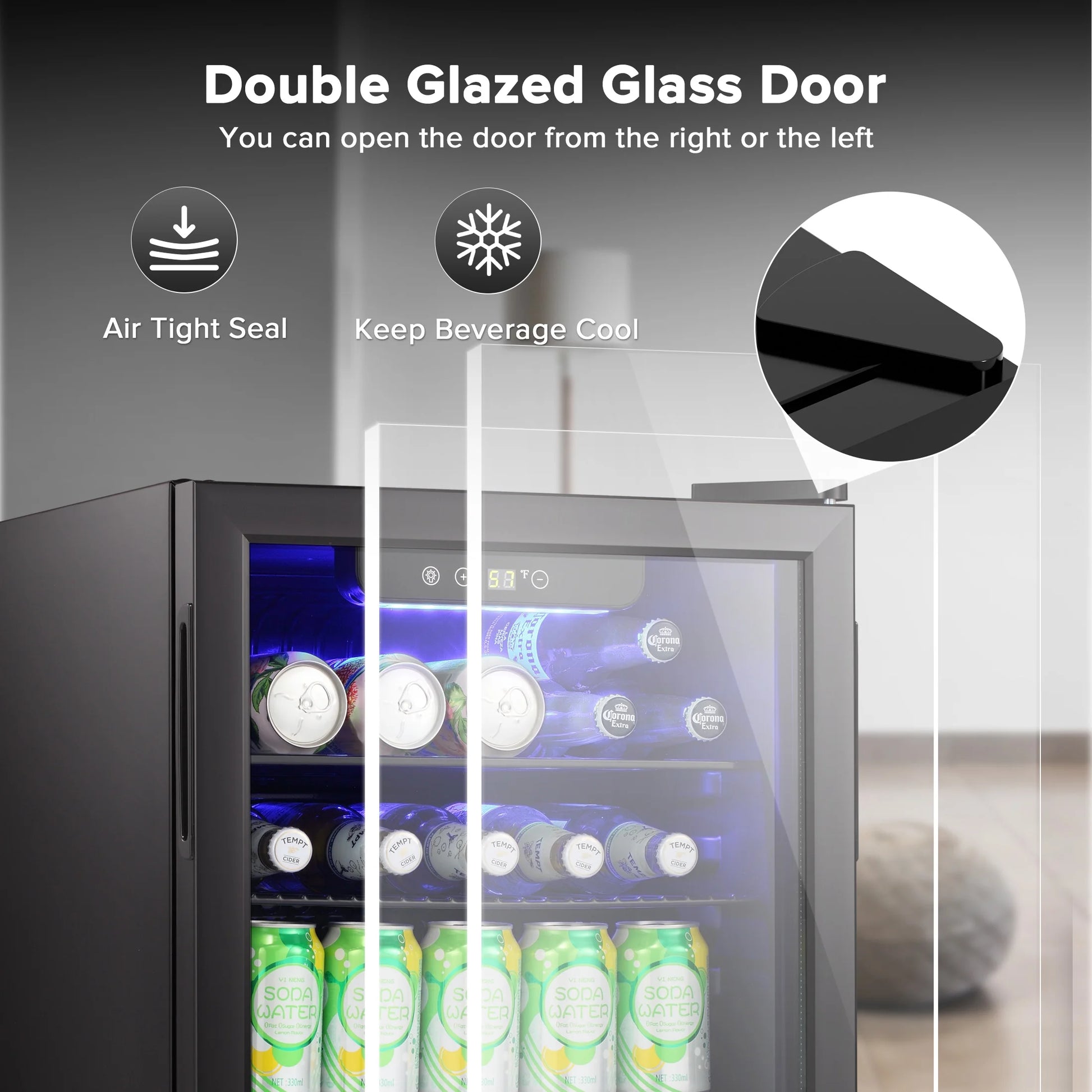 100-Can Double Glass Door Beverage Refrigerator - Energy Efficient Mini Wine Cooler for Home, Office & Bar - Air Cooled & Frost Free