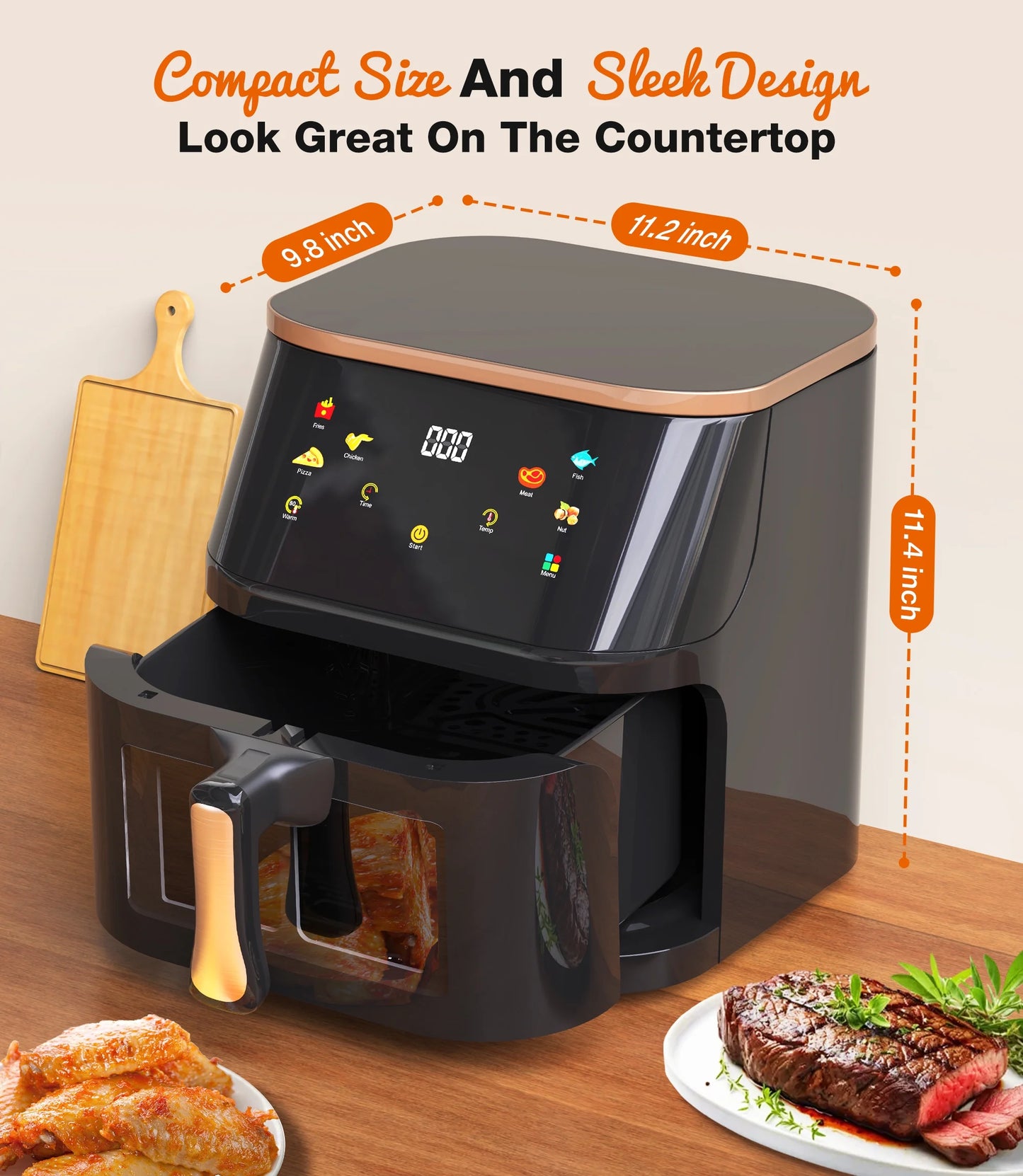 10 Qt Air Fryer - Max 450°F, 6 Cooking Presets, Touch Panel & Easy View Window - Sleek Black Design