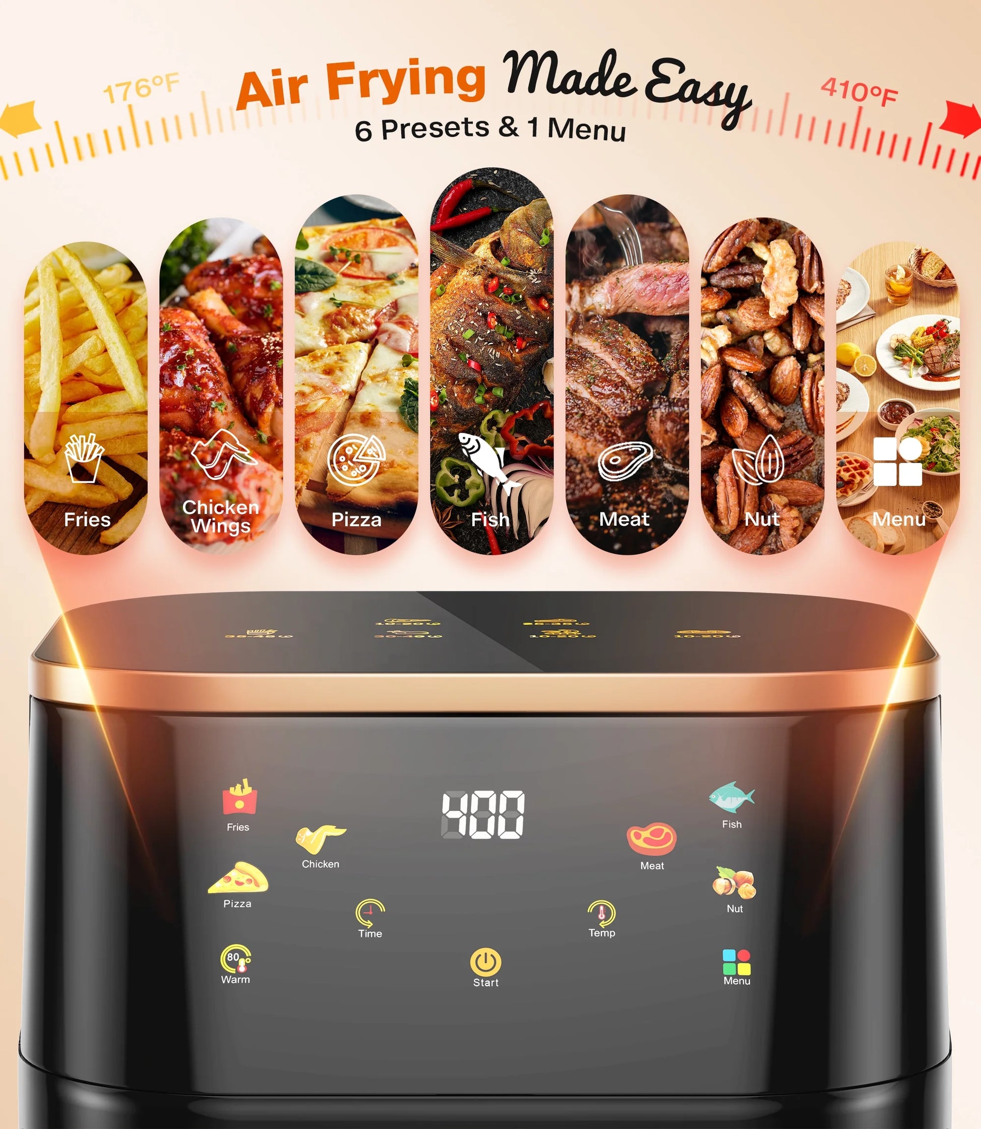 10 Qt Air Fryer - Max 450°F, 6 Cooking Presets, Touch Panel & Easy View Window - Sleek Black Design
