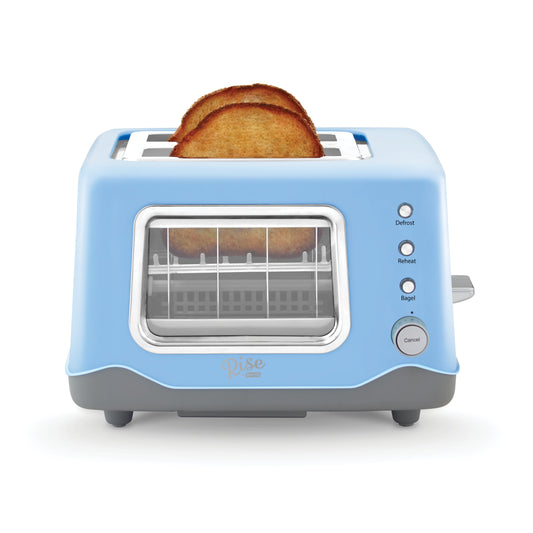 Dash Rise Clear View 2-Slice Toaster in Blue - Defrost, Reheat, Bagel Settings & Auto Shut Off