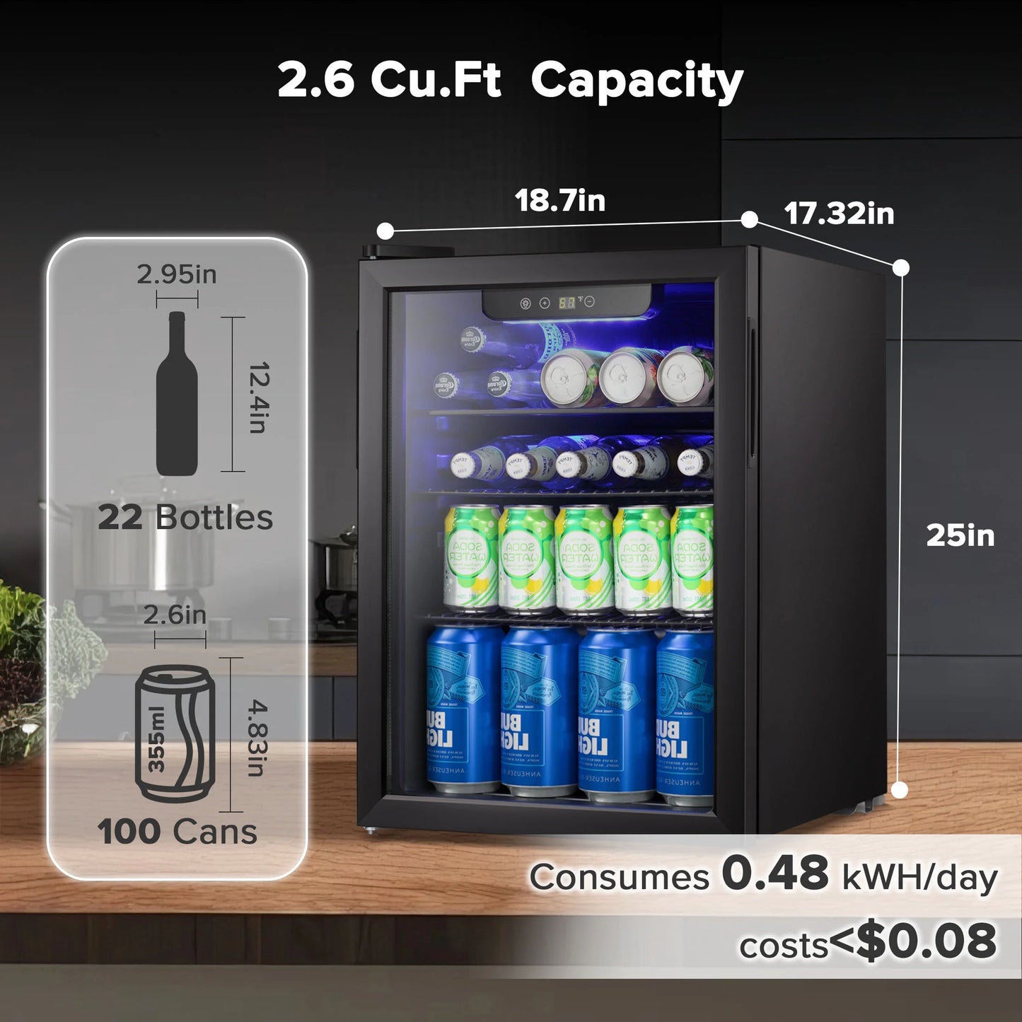 100-Can Double Glass Door Beverage Refrigerator - Energy Efficient Mini Wine Cooler for Home, Office & Bar - Air Cooled & Frost Free