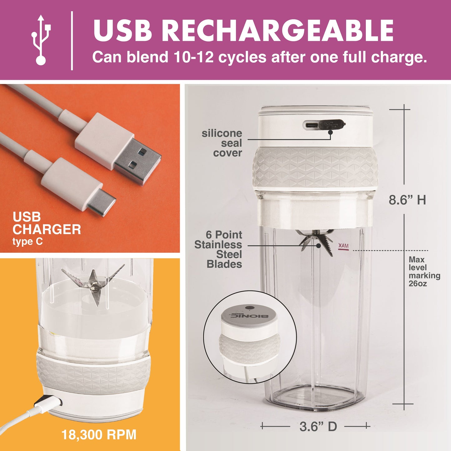 Bionic Blade Portable Rechargeable Smoothie Blender & Juicer with Extra Travel Bottle