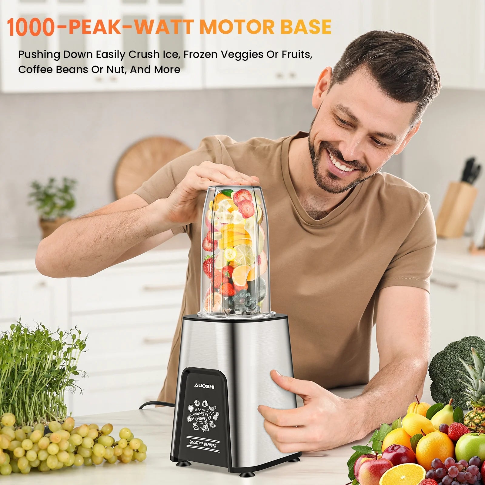 1000W High-Power Personal Blender for Smoothies & Shakes - Includes 6 Blades, 2 Large 23 Oz Cups, and 10 Oz Grind Cup - Perfect Portable Kitchen Blender!