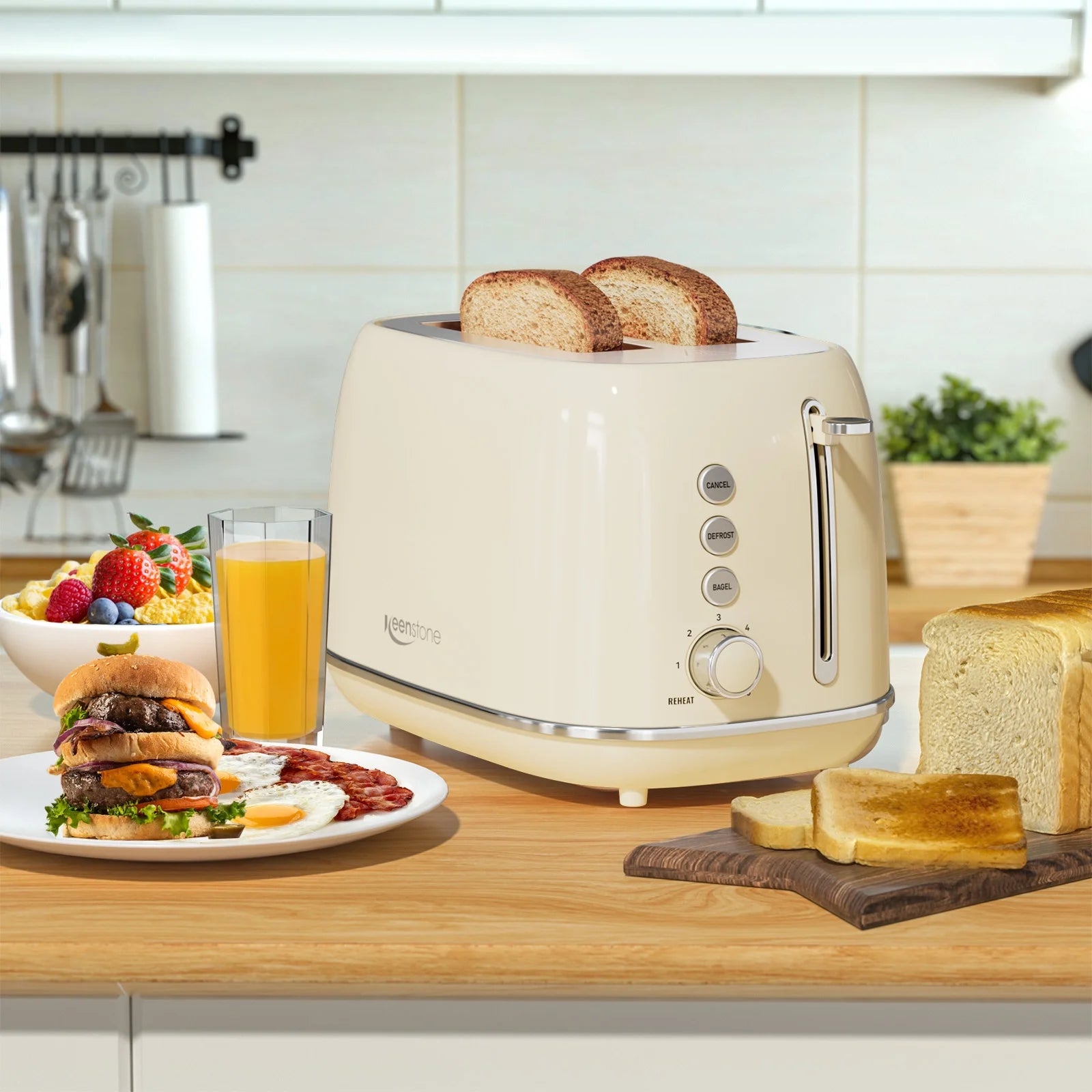 Retro 2 Slice Stainless Steel Toaster for Bread Toast, Revolution Wide Slots, Beige