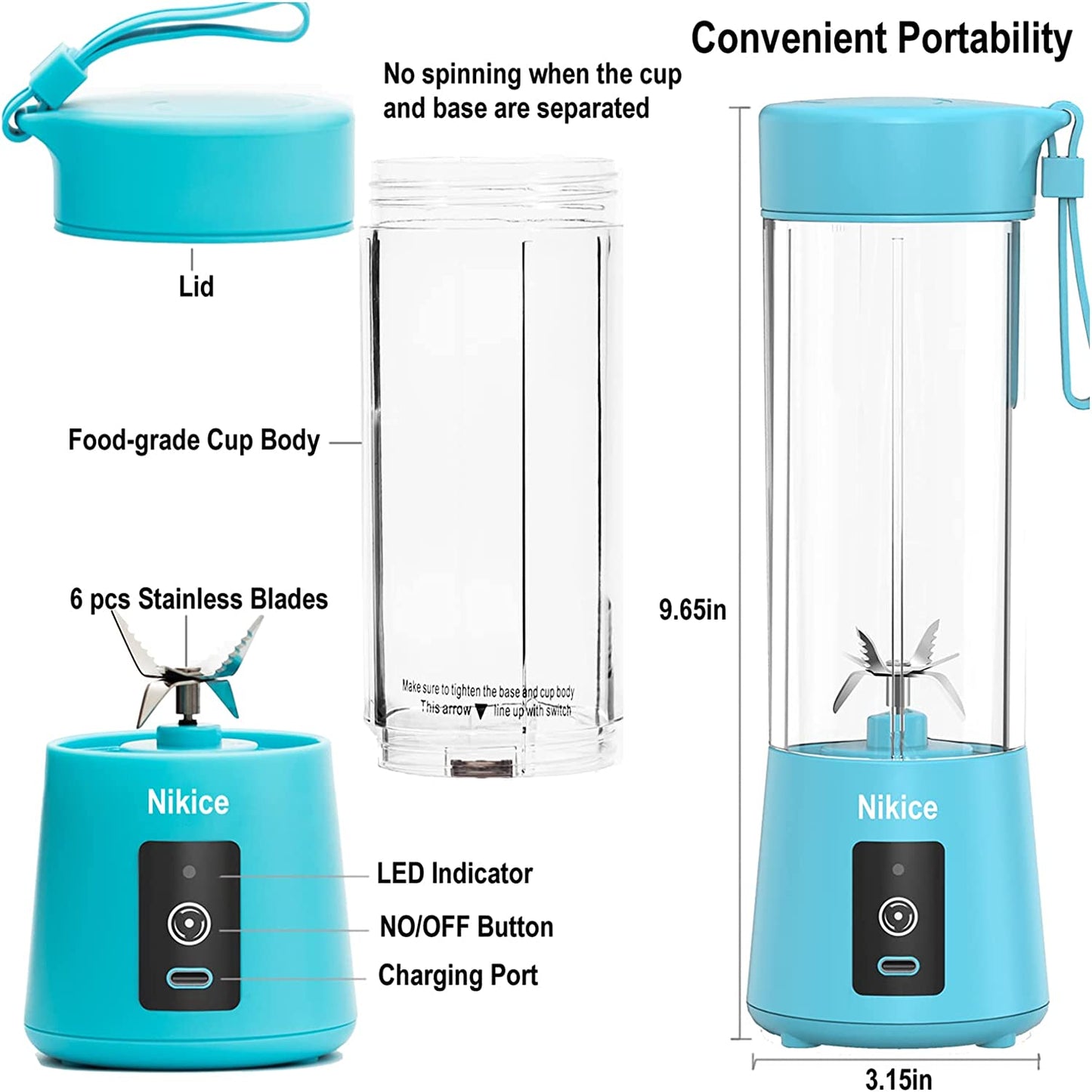 Portable Personal Blender for Smoothies & Shakes - Handheld Fruit Juicer Cup in Blue