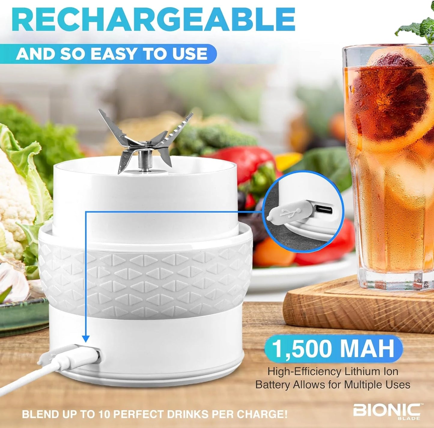 Bionic Blade Portable Rechargeable Smoothie Blender & Juicer with Extra Travel Bottle