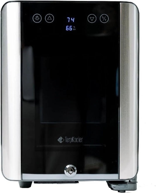 Essential Cooler - Mini Fridge with Temp & Humidity Control, 3 USB Ports, Smoked Glass Shelves, Lockable UV Glass Door for Cosmetics, Skin Care, Medicine, Herbs, and More