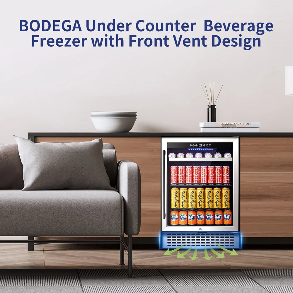 24" Beverage Refrigerator - 180 Can Capacity, Built-In & Freestanding, Touch Screen Control, Dual Layer Glass Door, Removable Shelves & Safety Lock for Beer, Soda & Water