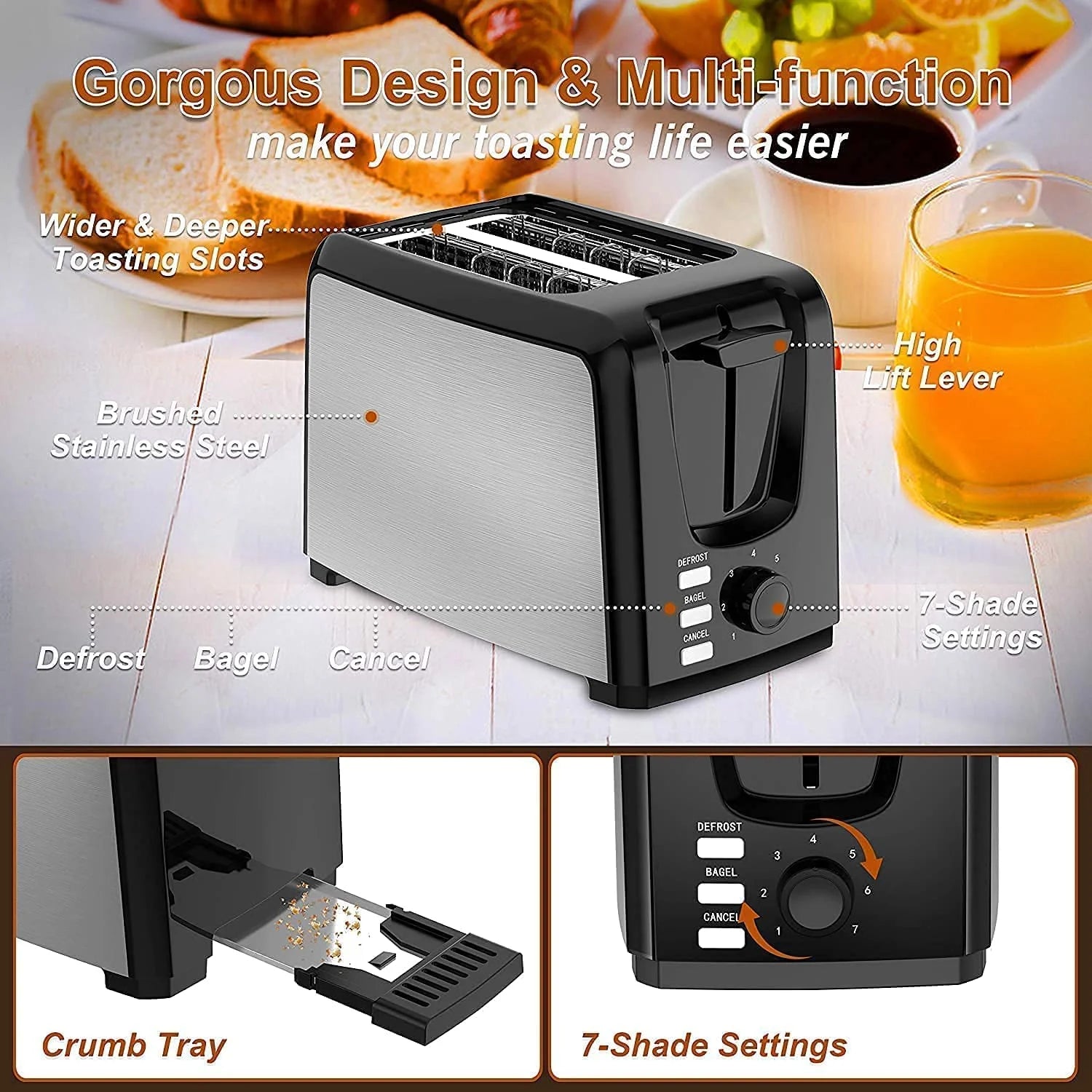 Toaster 2 Slice with 2 Wide Slots 7 Shade Settings and Removable Crumb Tray Black Bread Toaster