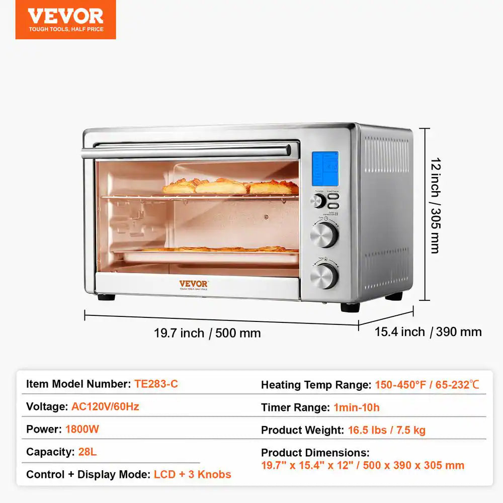 10-In-1 Convection Oven, 28L/30 Qt. Multifunctional Conventional Oven in Silver Countertop 1800-Watt 4-Tier Roaster Oven