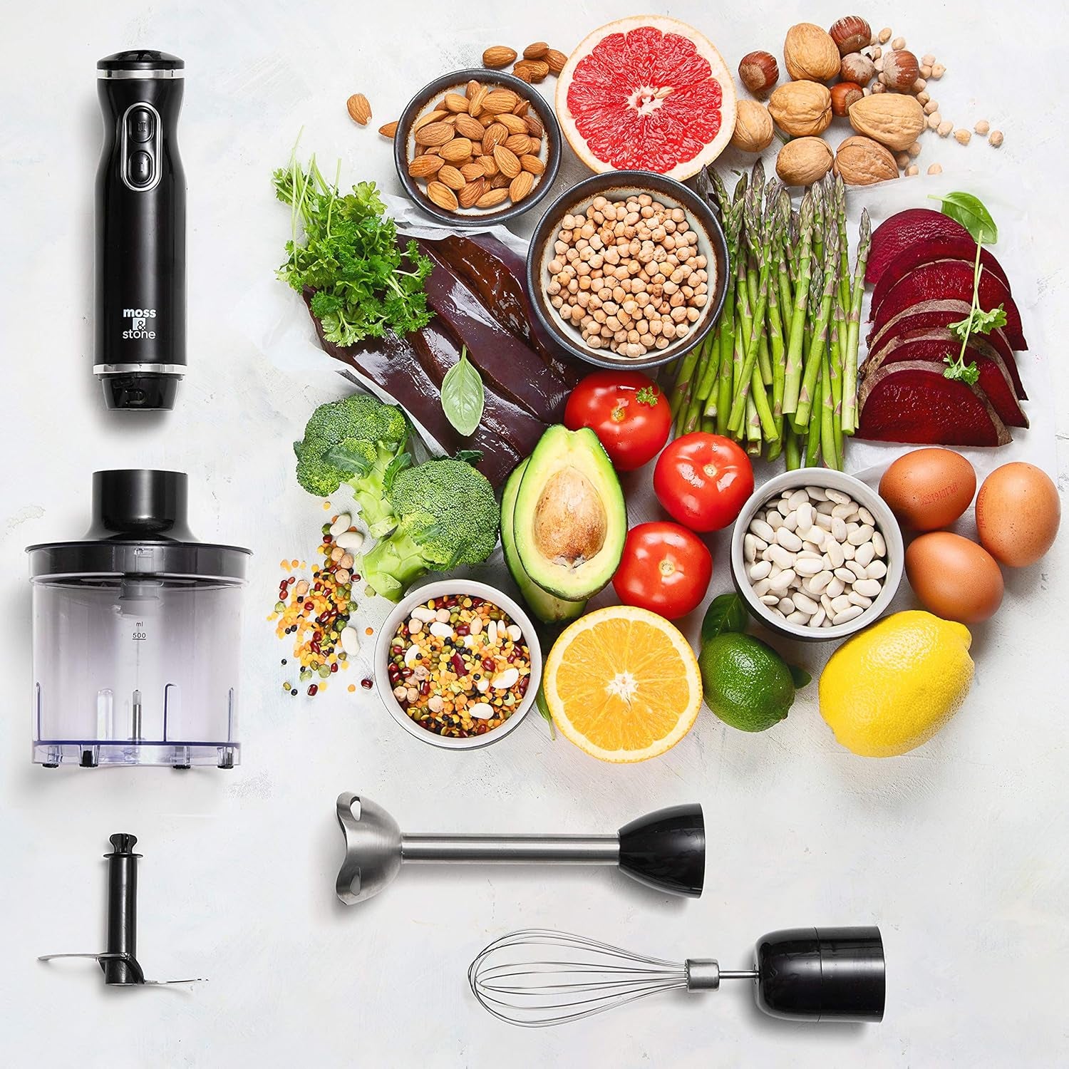 300W Hand Blender Set - Powerful Immersion Mixer with Egg Whisk & Chopper, Ergonomic Black Design, Stainless Steel Blades