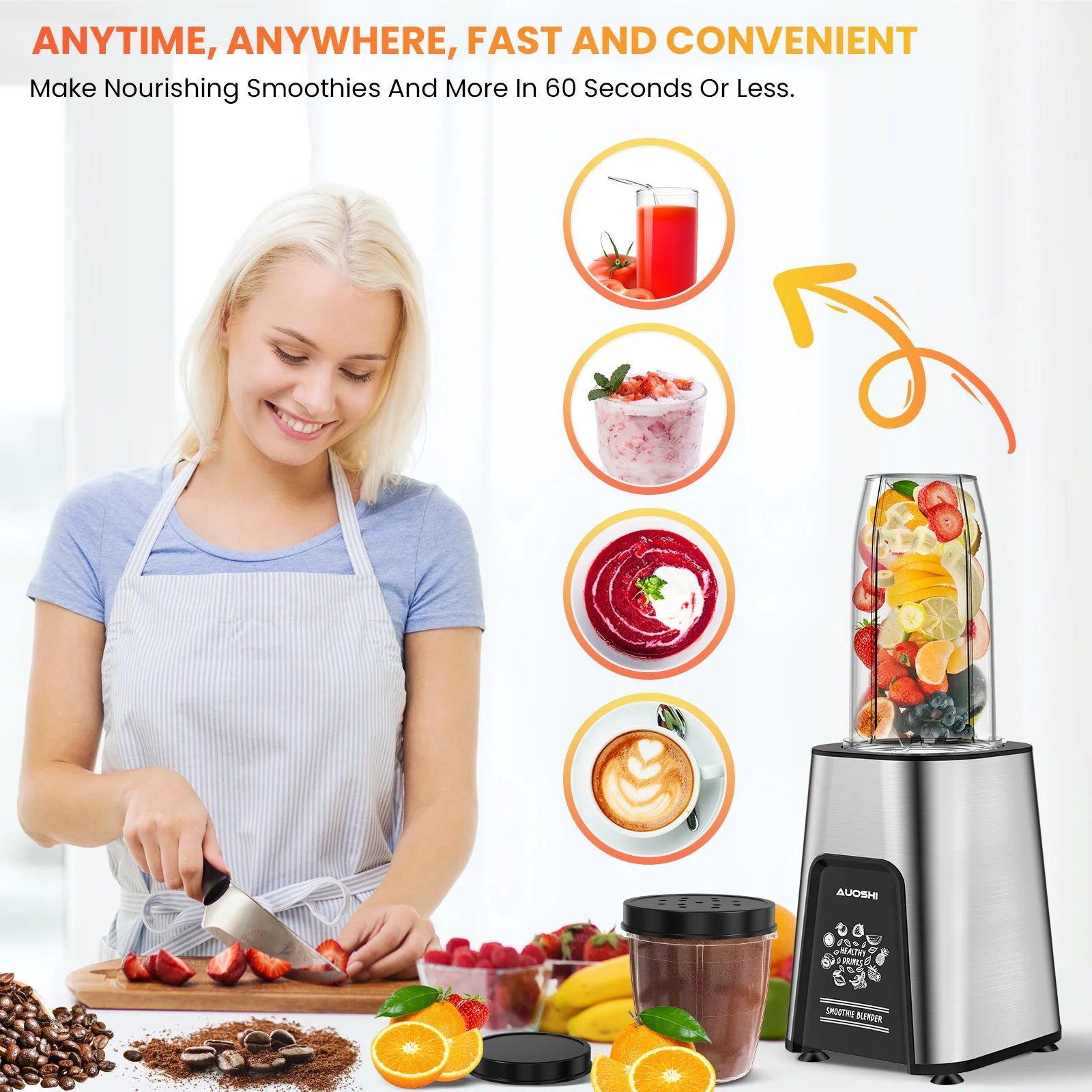1000W High-Power Personal Blender for Smoothies & Shakes - Includes 6 Blades, 2 Large 23 Oz Cups, and 10 Oz Grind Cup - Perfect Portable Kitchen Blender!