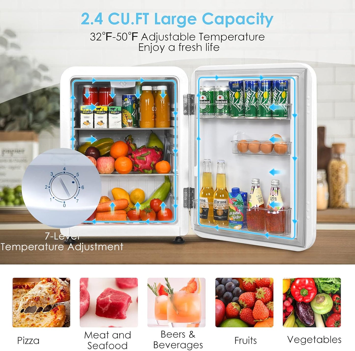 2.4 Cu Ft Compact Refrigerator - Energy Efficient Mini Fridge with Auto Defrost, Adjustable Temperature, Reversible Door & Removable Glass Shelves - Perfect for Apartments & Small Spaces - White